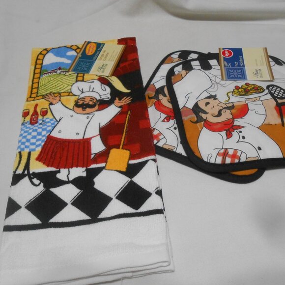 NEW LOT HOME COLLECTION FAT ITALIAN CHEF DESIGN LINENS TOWEL & POTHOLDERS SET π - Picture 4 of 9